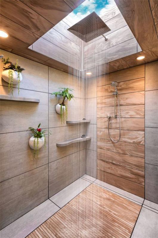 Τα πλακάκια μπάνιου σε ξύλο φαίνονται φεγγίτες ντους βροχής πολύ φως της ημέρας σε συνδυασμό με γκρι πλακάκια