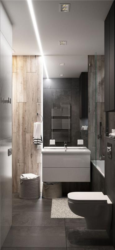 Τα πλακάκια μπάνιου σε ξύλο φαίνονται μικρό μπάνιο στενή μακριά τουαλέτα όμορφα σχεδιασμένη