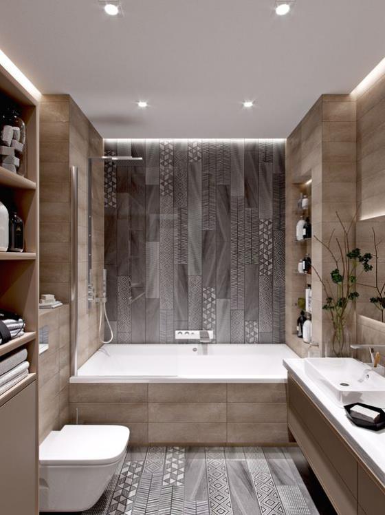 Τα πλακάκια μπάνιου σε ξύλο φαίνονται όμορφα με πλακάκια στο μπάνιο με γκρι χρώμα