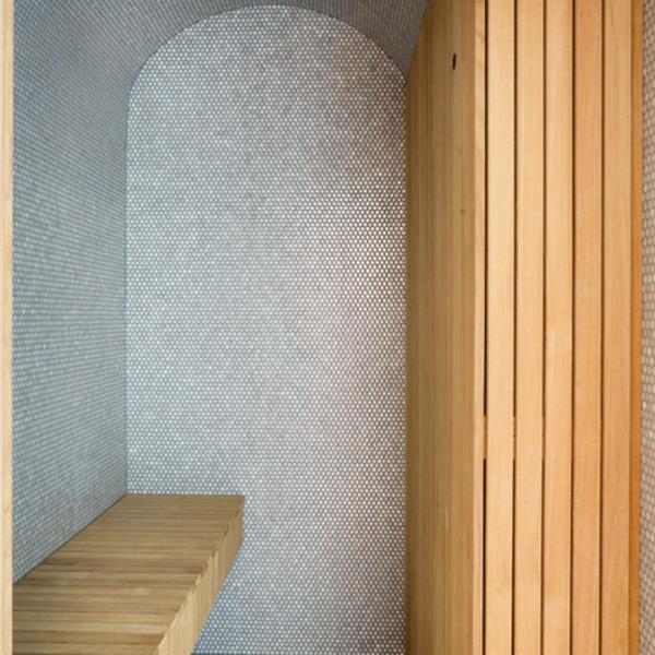 Πλακάκια μπάνιου με μεταλλική εμφάνιση ξύλινο πάγκο σχεδιασμού μπάνιου