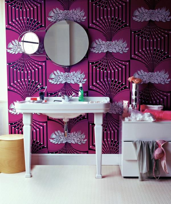 μοτίβο μπάνιου διακόσμηση τοίχου ταπετσαρία στρογγυλός καθρέφτης τοίχου