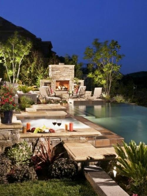 Βεράντα με πισίνα έπιπλα κήπου με φυσική πέτρα