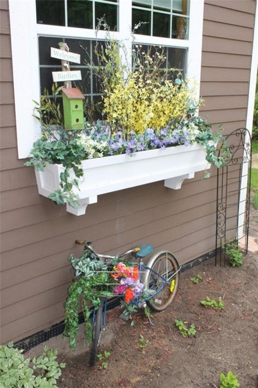 Κουτί με λουλούδια στο περβάζι, λευκό, πλούσιο φυτεμένο παιδικό ποδήλατο πουλιών από κάτω
