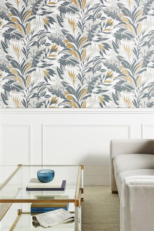 Λουλούδι ταπετσαρία τάση διακόσμησης 2020 σαλόνι ανοιχτό γκρι καναπέ τοιχογραφία ταπετσαρία σε απαλό μπλε γκρι χρυσό λουλουδάτο μοτίβο