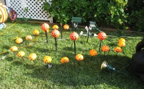 Δροσερή διακόσμηση πάρτι στον κήπο για Απόκριες κολοκύθες επιφάνεια γρασιδιού