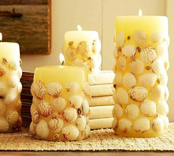 DIY ιδέες διακόσμησης λαμπερά κεριά κοχύλια από αχιβάδες