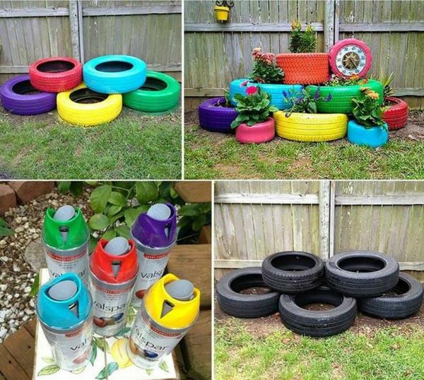 Έπιπλα DIY μωβ κόκκινο μπλε πράσινο χρώματα ελαστικά αυτοκινήτου ελαστικά αυτοκινήτων ανακύκλωση στοιβάζονται στοιβάζονται