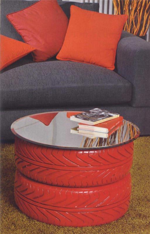 DIY κόκκινα μαξιλάρια καναπέ γκρι έπιπλα κατασκευασμένα από ελαστικά αυτοκινήτου ελαστικά αυτοκινήτου ανακύκλωση ψεκασμένα κόκκινα