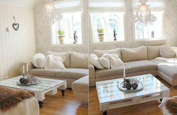Έπιπλα DIY από τραπεζάκι σαλονιού Euro παλέτες λευκό ρολό από γυαλί