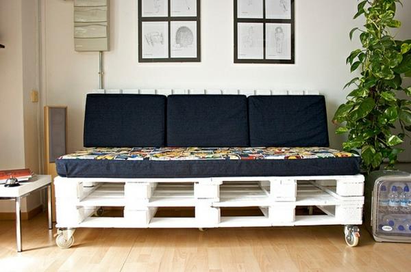 DIY καναπέδες από παλέτες Euro, χρωματιστά ρολά, λευκά