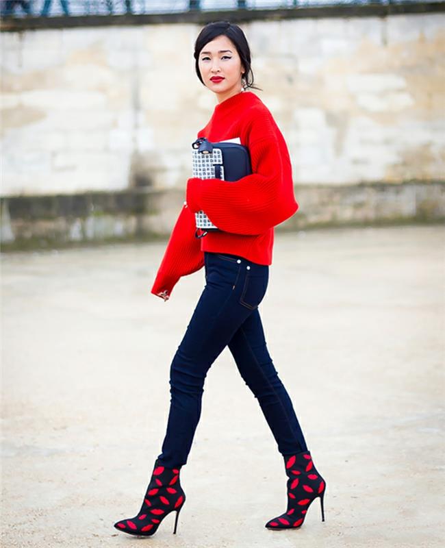 Γυναικείο πουλόβερ με έντονο κόκκινο τζιν παπούτσια με τακούνι