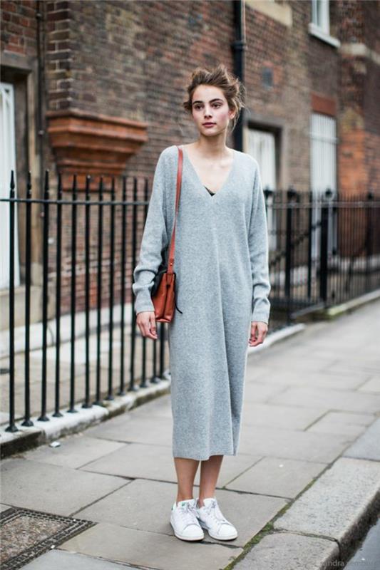 Γυναικείο πουλόβερ μακρύ πουλόβερ φόρεμα ανοιχτό γκρι street style μόδας