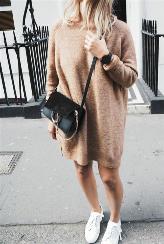 Γυναικείο πλεκτό πουλόβερ φόρεμα καφέ μακρύ πουλόβερ κυρίες
