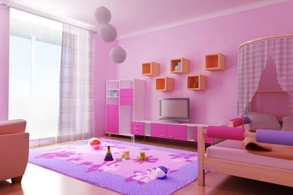 Εσωτερικό παιδικού δωματίου με φωτεινά θηλυκά χρώματα