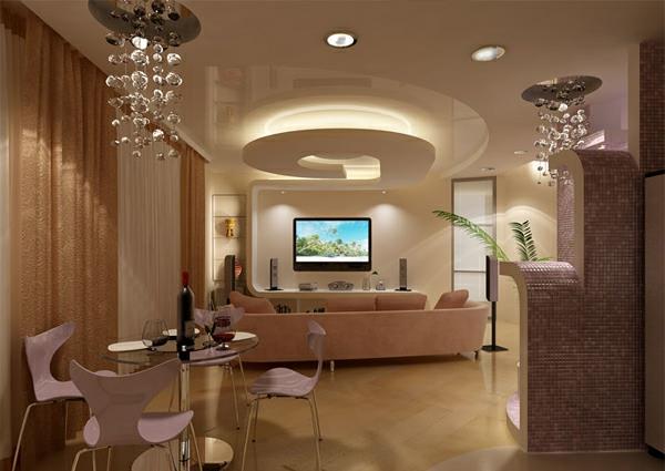 Σχεδιασμός οροφής σαλόνι με ψευδοροφή τηλεόραση φωτισμού