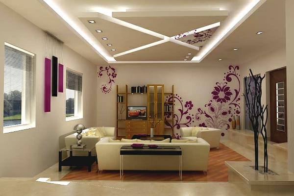 Σχεδιασμός οροφής στο σαλόνι με γραμμές φωτισμού με ψευδοροφή