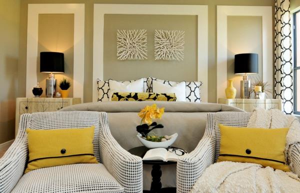 Ιδέες διακόσμησης για το υπνοδωμάτιο κίτρινα διακοσμητικά αντικείμενα ρίχνουν μαξιλάρια