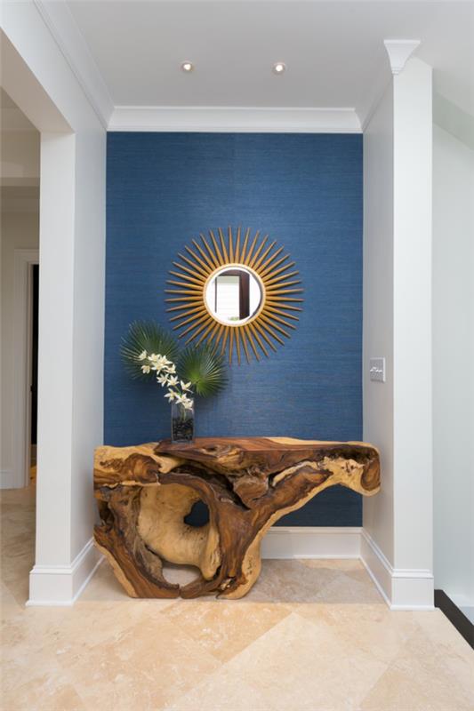 Διακοσμητικός καθρέφτης τοίχου στο διάδρομο μπλε τραπέζι φόντου από ελκυστικό σχέδιο driftwood