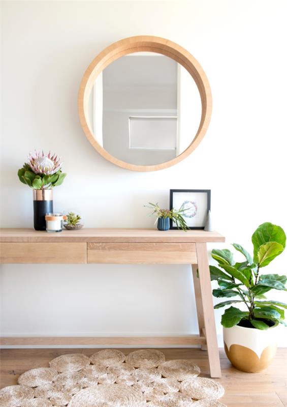 Διακοσμητικός καθρέφτης τοίχου στο διάδρομο στρογγυλός καθρέφτης ξύλινο πλαίσιο ανοιχτό ξύλινο τραπέζι φρέσκο ​​πράσινο