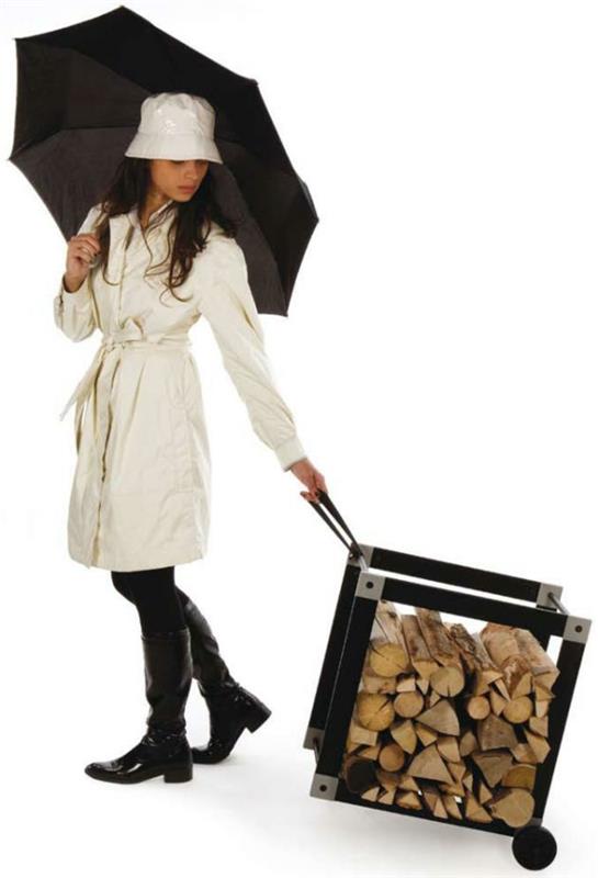 Σχεδιαστής που εκθέτει βαλίτσα ομπρέλα αποθήκευσης καυσόξυλων