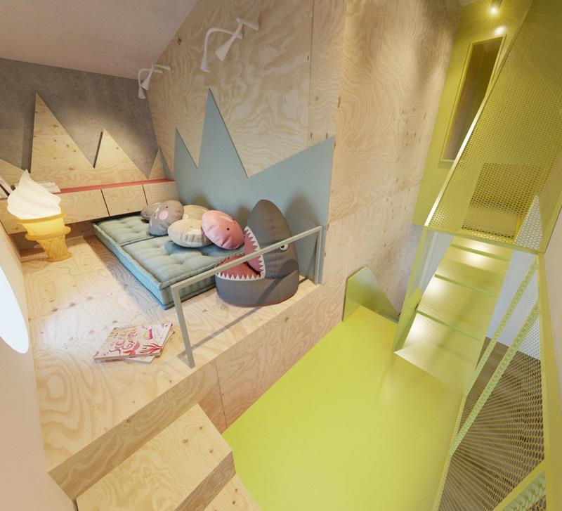 Έπιπλα σχεδιαστών ιδέες παιδικού δωματίου πολυθρόνα καρχαρία τοίχο που καλύπτει ξύλο