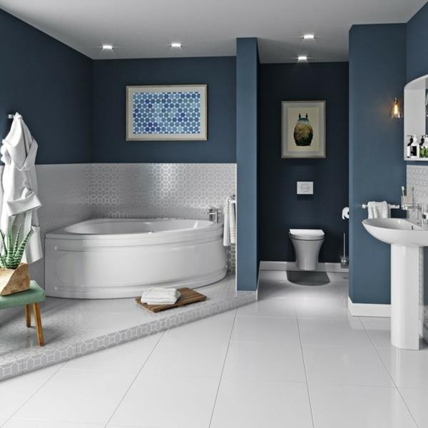 Γωνιακή μπανιέρα η έξυπνη λύση για το μικρό μπάνιο Χρώμα τοίχου μπλε