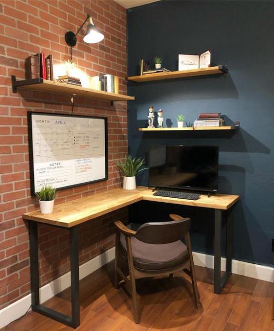 Γωνιακό γραφείο μοντέρνο γραφείο στο σπίτι απλό σχέδιο ανοιχτό τοίχο από τούβλα