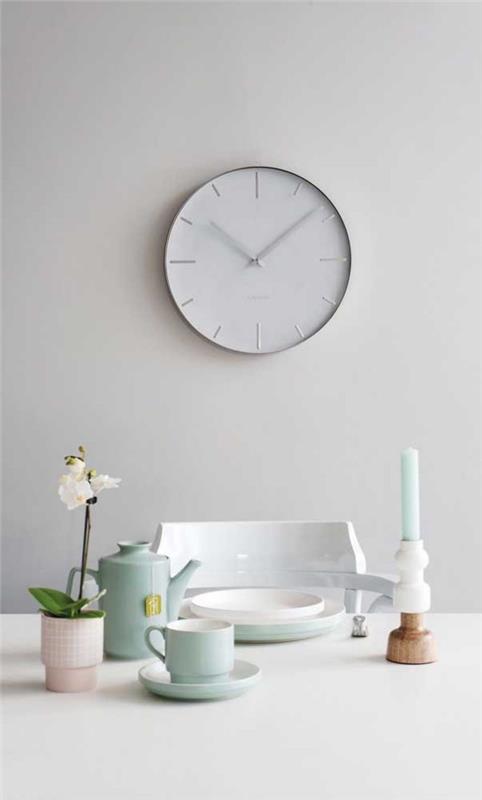 Ένα λευκό ρολόι τοίχου με πιάτα στο τραπέζι