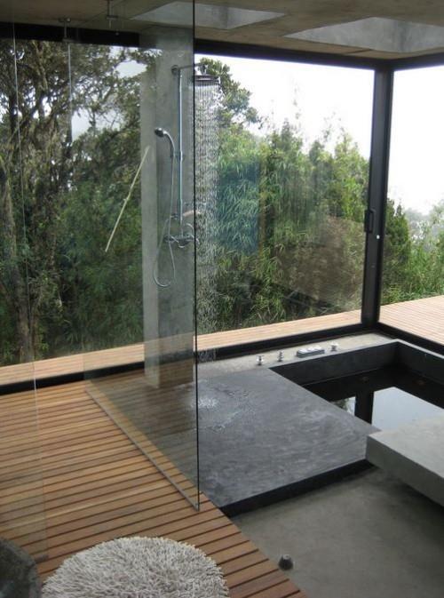 Βυθισμένη μπανιέρα με ντους συνδυασμένο ξύλινο γυάλινο τοίχο πανοραμική θέα