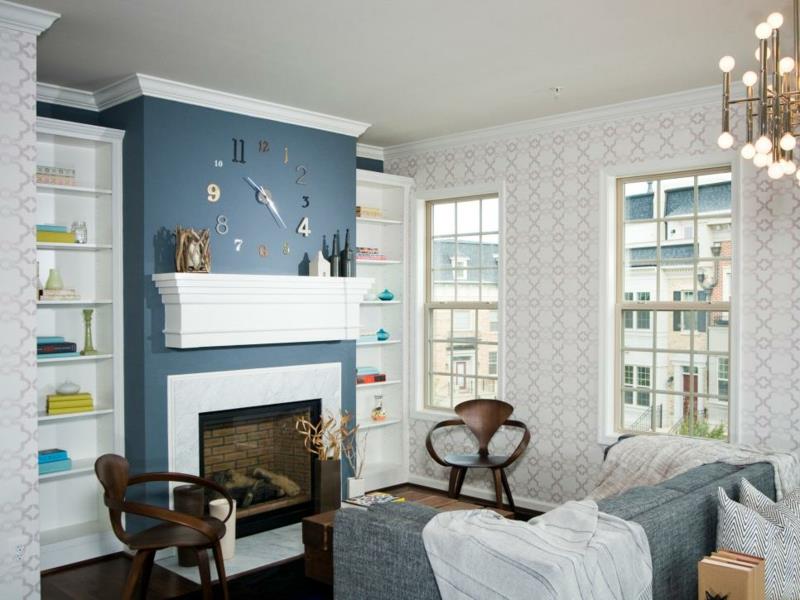 Ιδέες επίπλωσης σαλόνι χρωματική διακόσμηση τζάκι βαφή τοίχου μπλε