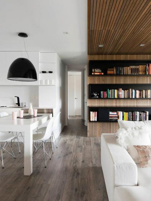 Ιδέες επίπλωσης για ανοιχτούς χώρους ξύλινο τοίχο ράφια οροφή δωματίου