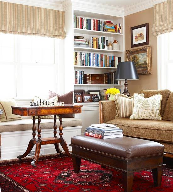 Ιδέες επίπλωσης για το σαλόνι ράφια βιβλία καναπές επιτραπέζιο φωτιστικό