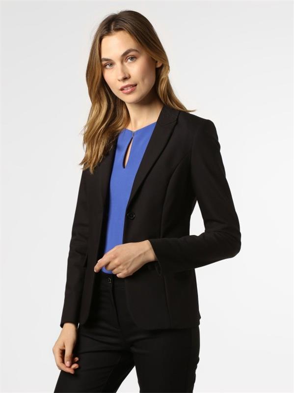 Κομψά και φανταχτερά μπλέιζερ για γυναίκες - αυτό είναι που μετράει! μαύρο κοστούμι με μπλε πουκάμισο εμφάνιση γραφείου