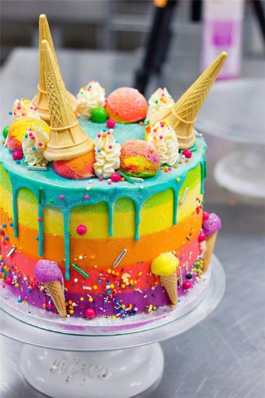 Πολύχρωμες και νόστιμες ιδέες συνταγής κέικ ουράνιου τόξου καθρέφτη γλάσο kuchen πολύχρωμο