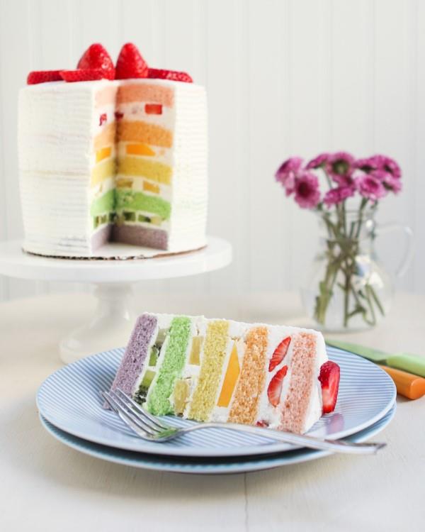 Πολύχρωμες και νόστιμες ιδέες συνταγής κέικ ουράνιου τόξου παστέλ χρωματισμένη κρέμα φρούτων