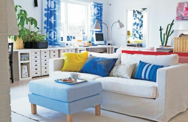 Ιδέες χρώματος σκαμπό μπλε καναπές σαλόνι φρέσκια άνοιξη