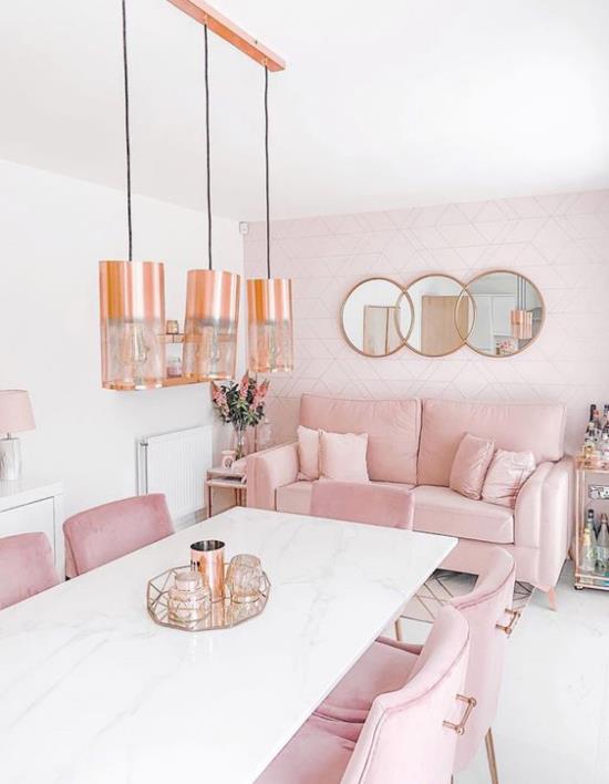 Ζεύγη χρωμάτων σαλόνι και τραπεζαρία σε ροζ και λευκό ρομαντικό εμφάνιση ζεστό εσωτερικό σχεδιασμό