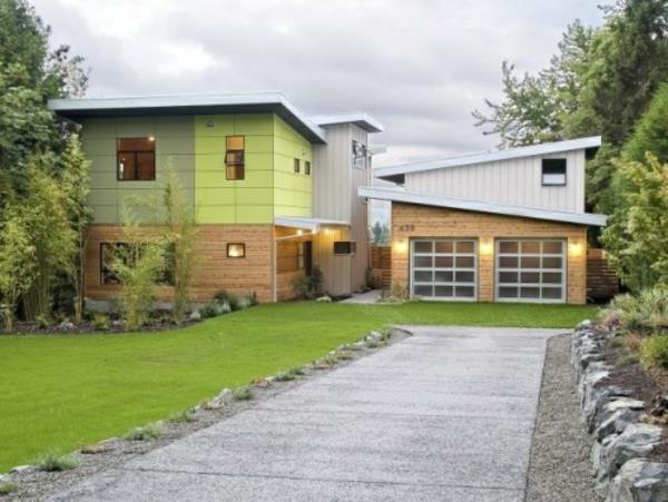 Σχεδιασμός πρόσοψης-μονοκατοικία-μπροστινό κήπο-σχέδιο-με είσοδο-γκαράζ-πρόσοψη-χρώμα-πράσινο