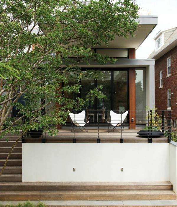 Σχεδιασμός πρόσοψης-μονοκατοικία-μπροστινό κήπο-σχέδιο-φυτά-δέντρο-βεράντα-ξύλινες σκάλες