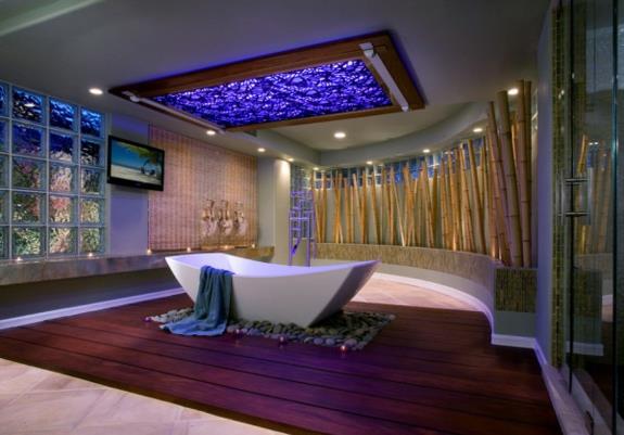 Ιδέες επίπλωσης Feng Shui zen ανεξάρτητη μπανιέρα ξύλινο χαλίκι δαπέδου