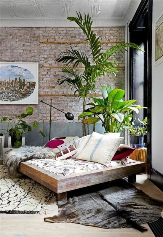 Το υπνοδωμάτιο Feng Shui στήνει φυτά σπιτιού τοίχο από τούβλα