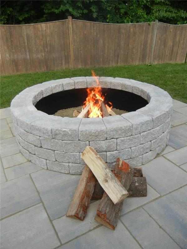 Firepit χτίζουν πέτρες και χαλίκια στον κήπο σχεδιάζουν ζεστά καλοκαιρινά βράδια