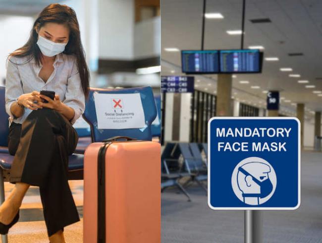 Οι μύγες κατά τη διάρκεια της Corona στο αεροδρόμιο φορούν μάσκα προσώπου τηρούν τους κανόνες