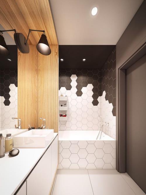 Πλακάκια στο μπάνιο δημιουργικά και τολμηρά Σοκολάτα καφέ λευκό σε συνδυασμό με μοντέρνο σχεδιασμό μπάνιου με εξαγωνικά πλακάκια