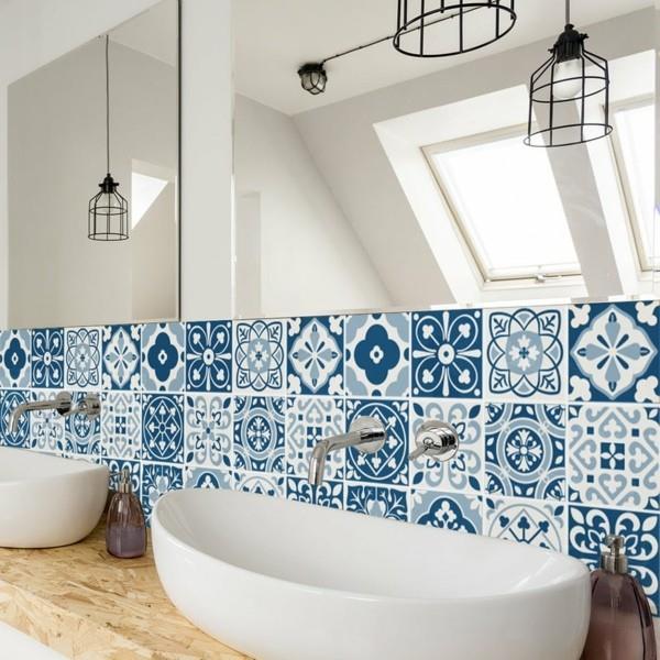 Πλακάκι αυτοκόλλητο νεροχύτη μπάνιου πίσω τοίχο μπλε μοτίβο