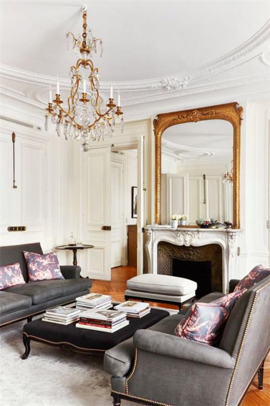 Γαλλική κομψότητα στο εσωτερικό σαλόνι στοιχεία σαλόνι από διαφορετικές εποχές εικόνες καθρέφτες καναπέδες τραπέζι