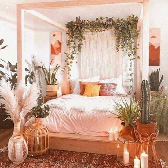 Ανοιξιάτικες ιδέες διακόσμησης για το υπνοδωμάτιο πλούσια διακόσμηση δωματίου πράσινα φυτά κορεσμένα χρώματα