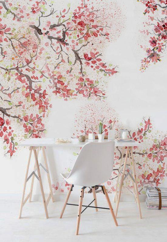 Άνοιξη διακόσμηση με άνθη κερασιάς όμορφη ταπετσαρία τοίχου φέρνει μια χαρούμενη διάθεση
