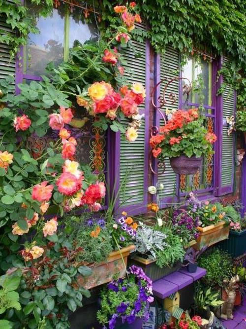 Οι διακοσμήσεις στον κήπο και τα παράθυρα αξεσουάρ κήπου προσφέρουν μοβ λουλούδια