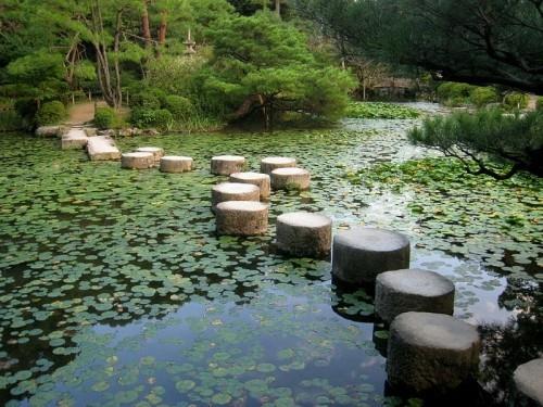 Ιδέες κήπου σύμφωνα με τη λίμνη νερού Feng Shui ξύλινα ραβδιά βλάστηση νερού